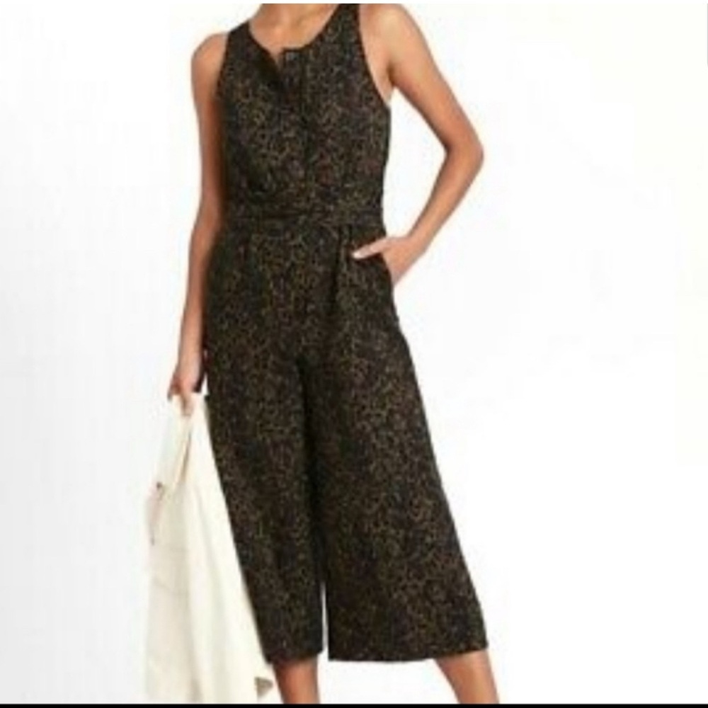 Banana Republic Green Leopard Linen Blend Cropped Wide Leg Jumpsuit